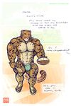  2015 abs anthro areola benji_(character) bracelet bulge clothed clothing clouded_leopard dialogue ear_piercing english_text eyes_closed feline food footwear hyper hyper_muscles jewelry kitchen mainlion male mammal muscular muscular_male nipples offscreen_character partially_clothed pecs piercing sandals spoon text topless underwear 