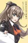  ascot blazer blue_eyes brown_hair foreshortening hair_ornament jacket kantai_collection kumano_(kantai_collection) long_hair looking_at_viewer mikagami_sou open_mouth orange_neckwear paper ponytail school_uniform simple_background solo translated upper_body yellow_background 