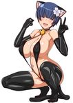 :d animal_ears bangs bare_shoulders bell bell_collar black_gloves black_legwear black_swimsuit blue_eyes blue_hair blunt_bangs blush breasts cat_ears cleavage collar collarbone covered_nipples elbow_gloves flower full_body gloves hair_flower hair_ornament half-closed_eyes highres huge_breasts jingle_bell large_breasts legs legs_apart looking_at_viewer naughty_face navel no_shoes open_mouth round_teeth senran_kagura shiny shiny_skin short_hair simple_background slingshot_swimsuit smile solo squatting stomach strap_gap swimsuit teeth thighhighs thighs tongue tongue_out tsurime v v-shaped_eyebrows wantsupanchi!! white_background yozakura_(senran_kagura) 