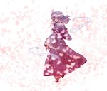  cherry_blossoms fan floating folding_fan geta hat hitodama japanese_clothes kimono looking_at_viewer mecco mob_cap petals pink_eyes pink_hair saigyouji_yuyuko short_hair smile solo touhou 