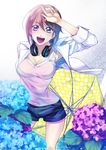  :d absurdres aoi_fuuka arm_up black_shorts blue_flower breasts brown_hair cleavage eyebrows_visible_through_hair flower fuuka headphones headphones_around_neck highres holding holding_umbrella hydrangea looking_at_viewer medium_breasts open_clothes open_mouth open_shirt pink_shirt polka_dot polka_dot_umbrella purple_eyes purple_flower seo_kouji shirt short_hair short_shorts shorts sleeveless sleeveless_shirt smile solo standing umbrella white_shirt yellow_umbrella 