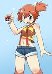  blue_eyes denim denim_shorts highres holding holding_poke_ball kasumi_(pokemon) looking_at_viewer midriff orange_hair poke_ball poke_ball_(generic) pokemon pokemon_(anime) pokemon_(classic_anime) pokemon_(game) short_shorts shorts side_ponytail simple_background smile solo suspenders takagirock 