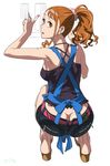  :o anjou_naruko ano_hi_mita_hana_no_namae_wo_bokutachi_wa_mada_shiranai. apron ass bare_shoulders belt breasts brown_eyes brown_hair butt_crack commentary_request downpants earrings jewelry looking_at_viewer looking_back medium_breasts no_panties open_mouth ponytail revision sandals short_hair shorts sideboob sitting solo squatting suna tank_top 