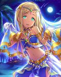  :d aqua_eyes arabian_architecture arabian_clothes armlet artist_request backlighting blonde_hair bracelet building contrapposto cowboy_shot crop_top dancer dark_skin dot_nose eyebrows eyebrows_visible_through_hair eyelashes falling_star forehead_jewel full_moon halter_top halterneck hands_up idolmaster idolmaster_cinderella_girls jewelry jpeg_artifacts layla_(idolmaster) long_hair looking_at_viewer midriff moon moonlight navel night night_sky official_art open_mouth outdoors palm_tree pendant sand see-through shooting_star sky smile solo standing star star_(sky) tareme tree veil 