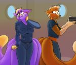  anthro black_nose blue_eyes canine clothed clothing dipstick_tail dreamspinner duo female fox foxenawolf fur gluneria hair inside kaari looking_back mammal midriff multi_tail multicolored_tail orange_fur purple_fur purple_hair 