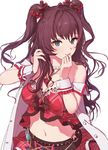  bangs bare_shoulders belt blue_eyes bow breasts brooch brown_hair bustier cleavage coat finger_to_mouth frills hair_bow hand_in_hair highres ichinose_shiki idolmaster idolmaster_cinderella_girls idolmaster_cinderella_girls_starlight_stage jewelry long_hair looking_at_viewer looking_to_the_side medium_breasts midriff navel necklace off_shoulder pearl_necklace pendant simple_background skirt sleeveless_coat smile solo twintails wavy_hair white_background wrist_cuffs youmak 