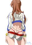  ass back belt bracelet brown_hair chain chuunibyou_demo_koi_ga_shitai! commentary_request cropped_jacket from_behind jacket jewelry long_hair midriff nibutani_shinka revision shiny shiny_skin short_shorts shorts side_ponytail simple_background skindentation solo suna thong whale_tail white_background 