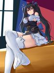  black_hair breasts crossed_arms crossed_legs elbow_gloves feet feet_out_of_frame from_below gloves hair_ribbon highres looking_at_viewer medium_breasts neptune_(series) noire oekakizuki pov_feet red_eyes ribbon sitting skirt solo thighhighs thighs toe-point twintails zettai_ryouiki 