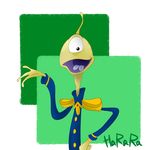  1_eye 2015 2_tongues 3_fingers alien antennae clothing digital_media_(artwork) disney green_skin hand_on_hip harara lilo_and_stitch looking_at_viewer open_mouth open_smile pleakley plorgonarian purple_mouth signature simple_background slim smile solo uniform white_background 