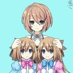 3girls bare_shoulders blanc brown_hair choujigen_game_neptune female hand_on_another&#039;s_head hand_on_head long_hair multiple_girls neptune_(series) ram_(choujigen_game_neptune) rom_(choujigen_game_neptune) short_hair siblings sisters smile twins 