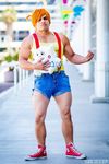  blurry_background clenched_hand cosplay full_body kasumi_(pokemon) kasumi_(pokemon)_(cosplay) photo pokemon shoelaces shoes shorts solo standing 