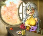  breasts ceiling_light chamaji chopsticks cleaver commentary_request cup detached_sleeves diamond-shaped_pupils eyebrows_visible_through_hair food frills green_tea grey_hair hair_between_eyes highres indoors large_breasts leaf long_hair looking_at_viewer open_window plate pouring red_eyes sakata_nemuno sharp_teeth single_strap solo symbol-shaped_pupils table tea teapot teeth touhou tree twitter_username very_long_hair wagashi window yunomi 
