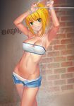  absurdres armpits arms_up bangs blonde_hair blue_shorts bound braid breasts brick_wall cleavage commentary_request denim denim_shorts fate/apocrypha fate_(series) green_eyes grin groin hair_over_eyes highres kyoungi_nyang long_hair looking_at_viewer medium_breasts mordred_(fate) mordred_(fate)_(all) navel open_fly panties rope shibari short_hair short_shorts shorts smile solo standing sweat teeth underwear white_panties 