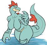  2017 4_fingers alligator anthro big_breasts blue_body breasts claws collarbone crocodilian featureless_breasts female feraligatr looking_at_viewer navel nintendo nude partially_submerged pok&eacute;mon pok&eacute;morph portrait rakkuguy reptile scalie sharp_teeth simple_background solo teeth thick_tail three-quarter_portrait video_games voluptuous water wide_hips yellow_eyes 