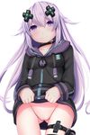  adult_neptune bad_id bad_pixiv_id black_legwear blush breasts censored d-pad d-pad_hair_ornament daiaru hair_ornament highres hood jacket long_hair looking_at_viewer neptune_(series) no_panties purple_eyes purple_hair pussy shirt skirt skirt_lift smile solo track_jacket 