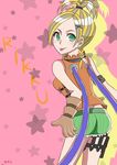 1girl :p al_bhed_eyes artist_request ass bare_shoulders blonde_hair blush braid breasts earrings feathers final_fantasy final_fantasy_x from_behind gloves green_eyes jewelry long_hair looking_at_viewer ponytail rikku shiny shiny_hair short_shorts shorts sideboob smile solo tongue tongue_out 