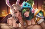  2girls animal_ears arcade_riven artist_name battle_bunny_riven blue_eyes breasts brown_eyes bunny_ears city cleavage clothed_female_nude_male cum cum_in_mouth cum_on_tongue detached_collar dual_persona erection green_hair hair_in_mouth helmet highres hoo_bamon indoors league_of_legends licking lying medium_breasts multiple_girls nude pantyhose patreon_username penis precum realistic riven_(league_of_legends) short_hair silver_hair uncensored 