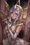  3boys artist_name blue_eyes breasts cleavage clenched_hand clothed_female_nude_male cum cum_on_body cum_on_breasts cum_on_lips cum_on_upper_body elbow_gloves elementalist_lux erection facial freckles gem gloves gold gumroad_username hands_on_own_chest highres hoo_bamon league_of_legends light_elementalist_lux lips long_hair looking_at_viewer luxanna_crownguard medium_breasts mole mole_under_eye multiple_boys nose nude patreon_username penis realistic silver_hair solo_focus testicles uncensored watermark web_address white_gloves 