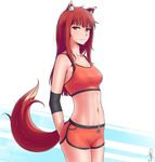  alternate_costume animal_ears arms_behind_back breasts closed_mouth collarbone commentary crop_top elbow_pads gym_shorts holo j_adsen long_hair looking_at_viewer medium_breasts navel no_pupils orange_shorts red_eyes red_hair shorts sidelocks signature smile solo spice_and_wolf sports_bra sportswear stomach tail thighs toned two-tone_background white_background wolf_ears wolf_girl wolf_tail 