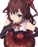 bangs bare_shoulders black_gloves blue_eyes bow brown_hair corset dress elbow_gloves finger_to_mouth frills gloves hand_on_hip ichinose_shiki idolmaster idolmaster_cinderella_girls idolmaster_cinderella_girls_starlight_stage jewelry long_hair looking_at_viewer looking_up pendant red_dress smile solo twintails wavy_hair youmak 