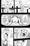 anthro breasts canine cleavage clothed clothing comic daigaijin dialogue dog duo english_text female furryfight_chronicles lagomorph male mammal mellow_(furryfight_chronicles) monochrome muko rabbit text 