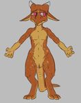  3_toes 4_fingers anthro colored countershading digitigrade flat_chested front_view frown gloves_(marking) grey_background horn kobold markings nude pink_eyes pussy scalie short simple_background skinny slit_pupils solo standing toes totalgarbage 