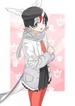  arctic_tern_(kemono_friends) bad_id bad_tumblr_id black_hair blue_eyes coat cowboy_shot crossed_arms feathered_wings feathers grey_hair hat highres japari_symbol kemono_friends momosuke_(ishakry) multicolored_hair necktie open_mouth pantyhose red_hair scarf solo white_background white_hair wings 