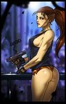  aliens aliens_vs_predator ass breasts brown_eyes brown_hair covered_nipples fingerless_gloves ganassa gloves gun handgun linn_kurosawa lips locked_slide magazine_(weapon) medium_breasts no_bra pistol ponytail short_shorts shorts sideboob solo tank_top undercut weapon wedgie 