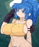  1girl blue_hair blush breasts collarbone erect_nipples huge_breasts leona_heidern looking_at_viewer navel ponytail pubic_hair snk solo sports_bra sweat the_king_of_fighters the_king_of_fighters_xiv uirou-zazami upper_body 