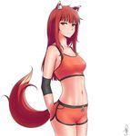  alternate_costume animal_ears arms_behind_back breasts closed_mouth collarbone crop_top elbow_pads gym_shorts holo j_adsen long_hair looking_at_viewer medium_breasts navel no_pupils orange_shorts red_eyes red_hair shorts sidelocks signature simple_background smile solo spice_and_wolf sports_bra sportswear stomach tail thighs toned white_background wolf_ears wolf_girl wolf_tail 