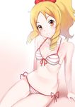  absurdres bikini blonde_hair bow breasts drill_hair eromanga_sensei front-tie_top hair_bow highres long_hair looking_at_viewer pointy_ears ponytail red_bow red_eyes side-tie_bikini simple_background sitting small_breasts solo striped striped_bikini swimsuit twin_drills vitoputr white_background yamada_elf 