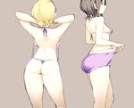  arms_up ass back backboob bare_back bare_shoulders beige_background bikini black_hair blonde_hair breasts brown_eyes brown_hair contrapposto echizen_murasaki from_behind from_side gbmah halter_top halterneck medium_breasts multicolored_hair multiple_girls pants_pull profile purple_bikini seto_ferb short_hair short_shorts shorts sideboob simple_background sketch small_breasts standing streaked_hair swimsuit thong thong_bikini tokyo_7th_sisters untied untied_bikini 
