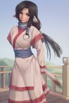  ainu_clothes animal_ears black_eyes black_hair blurry blush brown_eyes closed_mouth day depth_of_field dog_tail eruruw feet_out_of_frame gradient hair_tubes highres layered_sleeves lips long_hair long_sleeves looking_at_viewer low-tied_long_hair miura-n315 o-ring outdoors railing robe sash short_over_long_sleeves short_sleeves sidelocks solo standing straight_hair tail utawareru_mono 
