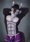  2016 abs anthro black_fur black_hair black_nose bulge canine cinta clothing fur hair hands_behind_head looking_at_viewer male mammal multicolored_fur muscular solo standing tight_underwear tongue tongue_out underwear white_fur wolf yellow_eyes 