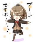  ^_^ ^o^ bad_id bad_pixiv_id black_skirt blouse brown_hair brown_jacket brown_legwear brown_sweater cardigan closed_eyes eighth_note engiyoshi eyebrows_visible_through_hair hair_between_eyes jacket kantai_collection kumano_(kantai_collection) long_hair long_sleeves musical_note neck_ribbon open_mouth pleated_skirt ponytail red_ribbon remodel_(kantai_collection) ribbon school_uniform skirt smile solo sweater sweater_jacket teeth thighhighs translated white_blouse 