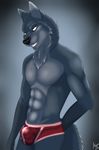  2017 abs anthro black_fur black_hair black_nose bulge canine cinta clothing eyebrows fur grey_fur grey_hair hair hand_behind_back looking_aside looking_up male mammal muscular sharp_teeth simple_background smile solo standing teeth tight_underwear underwear wolf yellow_eyes 