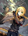  ahoge artoria_pendragon_(all) belt black_pants black_shirt blonde_hair bridge cloud dutch_angle fate/zero fate_(series) green_eyes hellnyaa highres holding holding_sword holding_weapon long_hair looking_at_viewer necktie night outdoors pants red_neckwear river saber shirt solo sword water weapon 