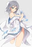  bare_legs bare_shoulders blue_eyes bow breasts commentary cropped_legs eyebrows_visible_through_hair fan floating_clothes from_side hair_bow highres holding holding_fan ice japanese_clothes kimono large_breasts looking_at_viewer off_shoulder open_mouth senran_kagura short_hair silver_hair simple_background solo standing tuxedo_de_cat white_bow white_kimono wide_sleeves yumi_(senran_kagura) 