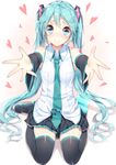  aqua_hair black_legwear blue_eyes c: commentary_request detached_sleeves hatsune_miku heart long_hair looking_at_viewer necktie outstretched_arms revision seiza sitting skirt smile solo thighhighs twintails very_long_hair vocaloid yappen 