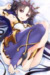  1girl :d anklet archer_(ishtar) arm arm_up armlet armpits ass asymmetrical_legwear bangs bare_arms bare_legs bare_shoulders barefoot bed black_hair black_panties black_ribbon blue_legwear blush clenched_hands crown dutch_angle earrings fate/grand_order fate_(series) feet female gem hair_ribbon happy highres hoop_earrings ishtar_(fate/grand_order) jewelry knees_up legs looking_at_viewer lying neck neck_ring on_back on_bed open_mouth panties parted_bangs red_eyes revealing_clothes ribbon round_teeth shiny shiny_hair single_bare_arm single_thighhigh smile strapless teeth thighhighs thighlet toeless_legwear toes tohsaka_rin two_side_up type-moon very_long_hair 