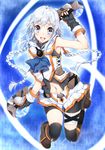  :d ange_vierge arm_up black_gloves black_legwear blue_eyes braid commentary_request dual_wielding full_moon gloves holding looking_at_viewer moon navel open_mouth revision silver_hair smile solo sword thighhighs twin_braids weapon yappen 