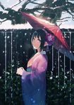  achiki black_hair day from_side hairband holding holding_umbrella japanese_clothes kimono looking_at_viewer mole mole_under_eye oriental_umbrella original outdoors pink_eyes red_umbrella short_hair smile snow snowing solo standing striped striped_hairband tree umbrella yukata 