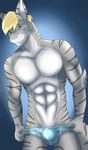  2017 abs anthro blonde_hair blue_background blue_eyes bulge cinta clothing fish hair looking_at_viewer male marine muscular removing_clothing scar shark simple_background smile snout solo standing teasing tight_underwear underwear 