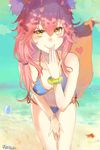  animal_ears bangs beach bikini blue_bikini blush breasts fate/grand_order fate_(series) fox_ears fox_tail frown_(wonderland85711) heart long_hair looking_at_viewer medium_breasts ocean pink_hair smile solo swimsuit tail tamamo_(fate)_(all) tamamo_no_mae_(fate) tamamo_no_mae_(swimsuit_lancer)_(fate) yellow_eyes 