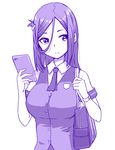  bag blush cellphone closed_mouth collared_shirt folded_hair hair_between_eyes hand_up holding holding_phone long_hair looking_to_the_side monochrome original phone purple school_uniform shirt short_sleeves shoulder_bag smartphone solo upper_body vest zaxwu 