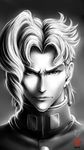  absurdres asymmetrical_hair earrings greyscale highres jewelry jojo_no_kimyou_na_bouken kakyouin_noriaki looking_at_viewer male_focus monochrome portrait school_uniform serious solo stardust_crusaders tete_(amakuchichiyoko) watermark 