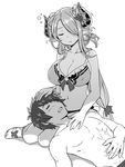  1girl alternate_costume blush breasts cleavage closed_eyes collarbone draph drooling gran_(granblue_fantasy) granblue_fantasy greyscale hair_over_one_eye horns lap_pillow large_breasts long_hair low-tied_long_hair lying monochrome narmaya_(granblue_fantasy) on_back open_mouth parted_lips pointy_ears sandals scar sitting sleeping swimsuit yokozuwari zaxwu 
