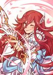  bow_(weapon) dress fire_emblem fire_emblem:_kakusei fire_emblem_heroes holding holding_weapon looking_at_viewer one_eye_closed red_eyes red_hair smile tiamo weapon wedding_dress white_dress 