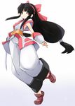  armpits bangs black_hair bow breasts brown_footwear detached_sleeves fingerless_gloves from_below full_body gloves grey_eyes hair_bow hairband highres karukan_(monjya) leg_up long_hair looking_at_viewer looking_down low-tied_long_hair nakoruru no_socks obi pants parted_bangs puffy_pants red_bow red_hairband samurai_spirits sash sheath sheathed shoes short_sleeves sidelocks simple_background sleeveless small_breasts solo standing standing_on_one_leg very_long_hair weapon weapon_on_back white_background white_pants 