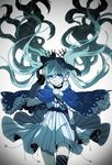  absurdly_long_hair asymmetrical_legwear black_bow black_gloves blue_cape blue_eyes blue_hair bow cape constellation_print cowboy_shot detached_sleeves dress eiku eyebrows_visible_through_hair fingerless_gloves floating_hair fuyu_no_yoru_miku gloves hair_between_eyes hair_bow hand_in_hair hatsune_miku highres long_hair looking_at_viewer parted_lips solo standing striped striped_legwear thighhighs vertical-striped_dress vertical_stripes very_long_hair vocaloid white_dress 